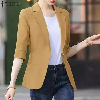 ZANZEA Женский повседневный тонкий кардиган с отложным воротником и рукавами 3/4