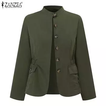 ZANZEA Женская повседневная тонкая блузка-кардиган с воротником-стойкой и длинным рукавом S темно-зеленого