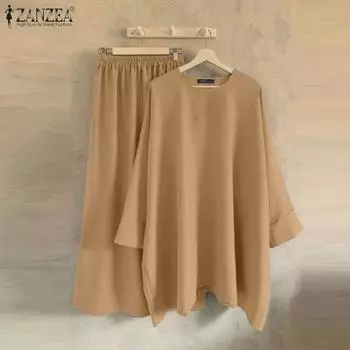 ZANZEA Женский повседневный топ с круглым вырезом и заниженной линией плеча, рукав 3/4, комплект из топа и юбки M зелёный