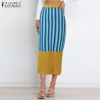 ZANZEA Женский повседневный трикотаж с полосатым принтом, трикотажные юбки S синий