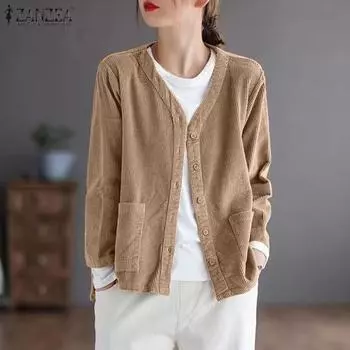 ZANZEA Женский повседневный вельветовый кардиган на пуговицах с v-образным вырезом и рукавом девять четвертей в стиле ретро S фиолетовый