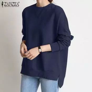 ZANZEA Женский повседневный весенний пуловер с круглым вырезом и длинными рукавами