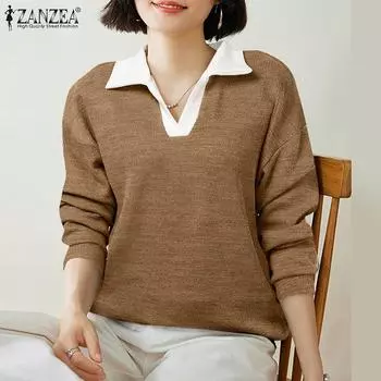 ZANZEA Женский повседневный вязаный свитер с длинным рукавом S красный