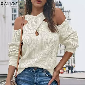 ZANZEA Женский повседневный вязаный свитер с длинными рукавами и открытыми плечами M белый