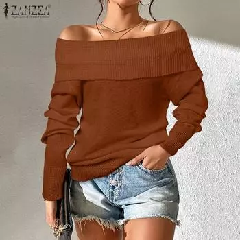 ZANZEA Женский повседневный вязаный свитер с открытыми плечами и длинными рукавами Осень-зима M белый