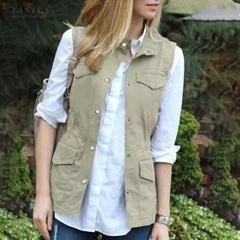 ZANZEA женский повседневный жилет без рукавов с воротником-стойкой и карманами на пуговицах 4XL