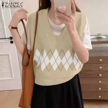 ZANZEA Женский повседневный жилет без рукавов с геометрическим принтом и V-образным вырезом S хаки