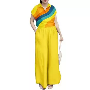 ZANZEA Женский принт блузка и брюки летний комплект из двух частей костюма S жёлтый