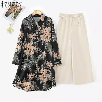 ZANZEA Женский принт блузка и брюки летний комплект из двух частей костюма чёрный
