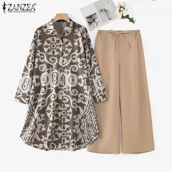 ZANZEA Женская блузка с принтом и брюки, повседневный комплект из двух предметов S зелёный