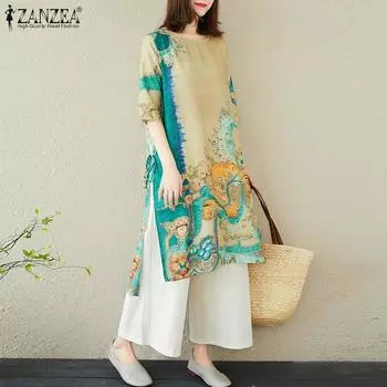 ZANZEA Женский принт Длинная блузка и брюки Повседневный комплект из двух частей S розовый