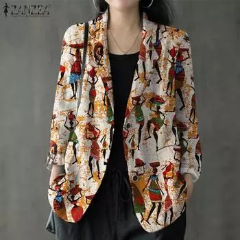 ZANZEA Женский принт с длинным рукавом хлопковый костюм тонкий кардиган верхняя одежда 3XL бежевый