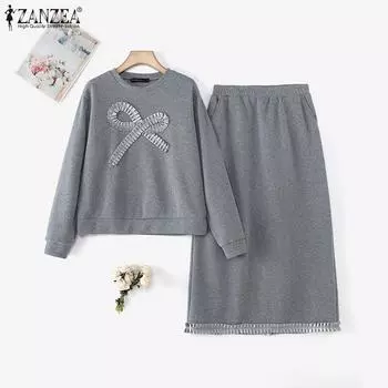 ZANZEA Женский принтованный свитшот и юбки, повседневные комплекты из двух частей 2XL тёмно-синий