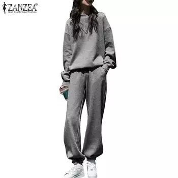 ZANZEA Женский пуловер, блузка и брюки, повседневный комплект из двух предметов S чёрный