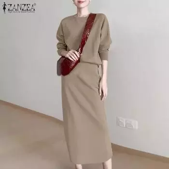 ZANZEA Женский пуловер, толстовка и юбка, повседневный комплект из двух предметов 4XL хаки