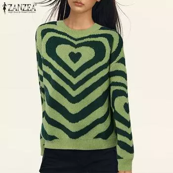 ZANZEA Женский свитер с принтом и круглым вырезом, повседневный, с длинным рукавом M чёрный