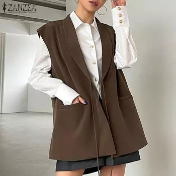 ZANZEA Женский свободный жилет без рукавов с лацканами и карманами без подкладки чёрный