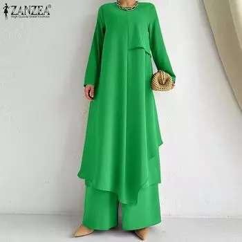 ZANZEA Женский топ с круглым вырезом и длинными рукавами, широкие брюки S синий