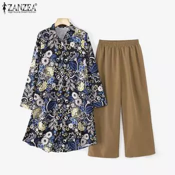 ZANZEA Женский весенний комплект из рубашки с длинным рукавом и принтом, прямые брюки 2XL розовый