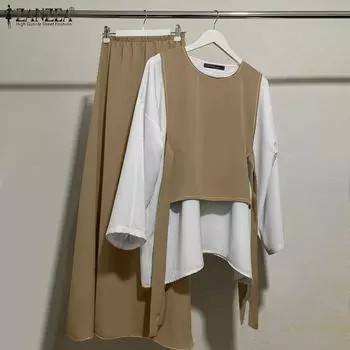 ZANZEA Женский винтажный комплект из двух частей с круглым вырезом и длинным рукавом, поддельный топ и брюки однотонного цвета S темно-синий