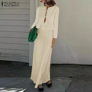 ZANZEA Женский винтажный комплект из хлопкового топа с открытыми планками и длинными рукавами в полоску S белый