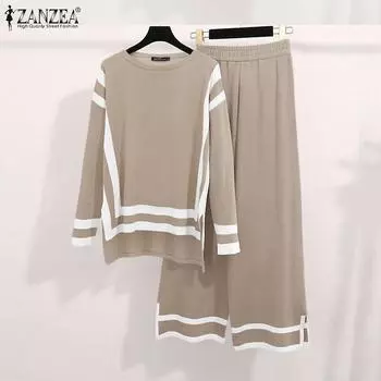 ZANZEA Женский винтажный комплект из топа и брюк с круглым вырезом и длинными рукавами в полоску S белый