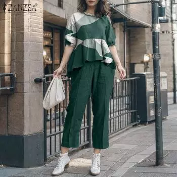 ZANZEA Женский винтажный комплект из топа и брюк с круглым вырезом и коротким рукавом с принтом S зелёный
