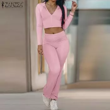 ZANZEA Женский винтажный комплект из топа с капюшоном и длинными рукавами на молнии, брюк с высокой талией 3XL чёрный