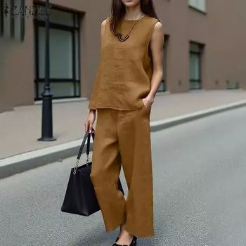 ZANZEA Женский винтажный круглый вырез без рукавов жилет прямые брюки комплекты XL жёлтый