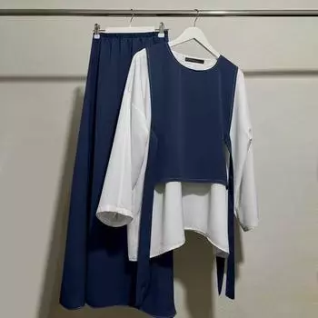 ZANZEA Женский винтажный круглый вырез с длинным рукавом, имитация двухкомпонентного топа, однотонные юбки, комплекты S темно-синий