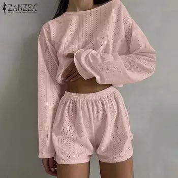 ZANZEA Женский винтажный однотонный круглый вырез с принтом и длинными рукавами, топ и шорты S чёрный