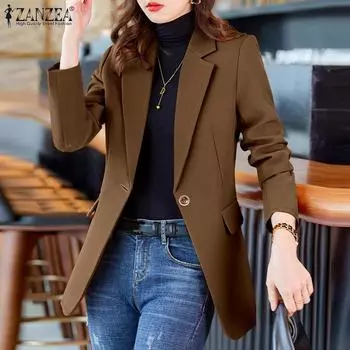 ZANZEA Женский винтажный однотонный пиджак с длинным рукавом и карманом на талии S темно-синий