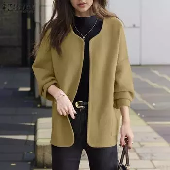 ZANZEA Женский винтажный повседневный однотонный кардиган с круглым вырезом и верхней одеждой S хаки
