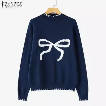 ZANZEA Женский вязаный свитер с длинным рукавом и круглым вырезом, зимний джемпер M белый