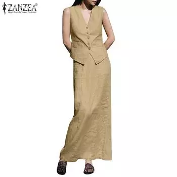 ZANZEA Женский жилет без рукавов и длинные юбки Повседневный комплект из двух предметов L темно-синий