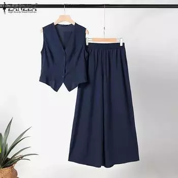 ZANZEA Женский жилет без рукавов и широкие брюки, летние комплекты из двух предметов 3XL хаки