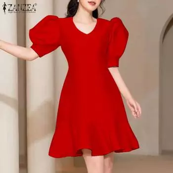 ZANZEA женское элегантное однотонное платье трапециевидной формы с v-образным вырезом, половиной рукавов и молнией на талии S бежевый