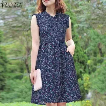 ZANZEA Женское элегантное платье А-силуэта с круглым вырезом без рукавов и принтом 4XL зелёный