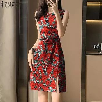 ZANZEA Женское элегантное платье с разрезом на талии без рукавов и цветочным принтом с круглым вырезом 4XL красный