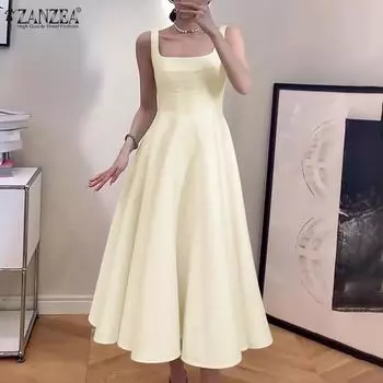 ZANZEA женское элегантное платье трапециевидной формы с квадратным вырезом и без рукавов на подтяжках XL чёрный