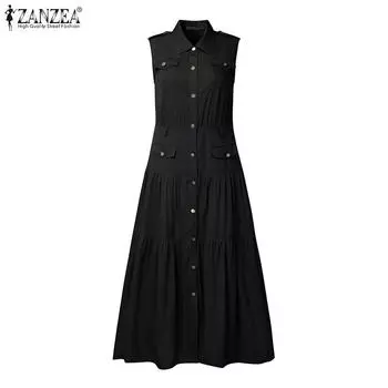 ZANZEA Женское элегантное повседневное платье без рукавов с лацканами, на пуговицах, плиссированное, длинное L