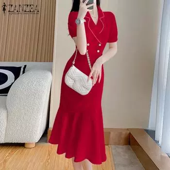 ZANZEA женское элегантное повседневное платье-миди с пышным рукавом и короткими рукавами для похудения
