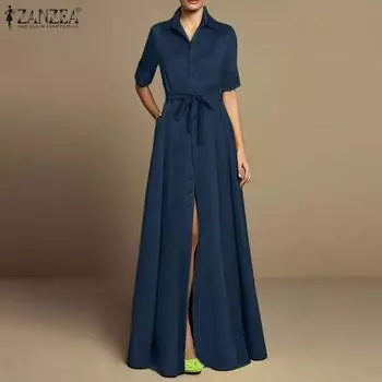 ZANZEA Женское элегантное повседневное платье-рубашка макси с короткими рукавами Vestidos