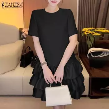 ZANZEA Женское Элегантное Платье Прямого Покроя С Круглым Вырезом Коротким Рукавом S чёрный