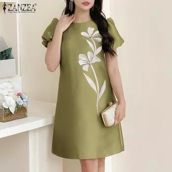 ZANZEA Женское элегантное прямое платье с круглым вырезом и коротким рукавом с цветочным принтом 5XL хаки