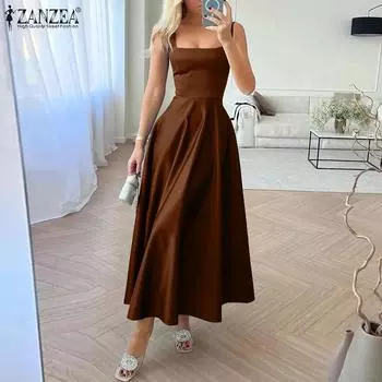 ZANZEA Женское длинное платье без рукавов с квадратным вырезом и талией A-Swing S вино красного