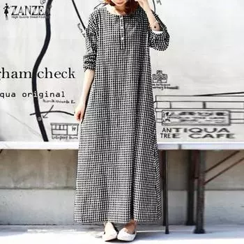 ZANZEA Женское длинное платье с длинными рукавами и пуговицами в сетку спереди S чёрный