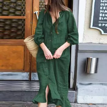 ZANZEA Женское хлопковое длинное платье-рубашка, однотонное свободное повседневное мешковатое платье с круглым вырезом и длинными рукавами L вино красного