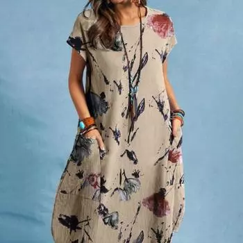 ZANZEA Женское хлопковое платье с принтом, летнее повседневное короткое платье с круглым вырезом и короткими рукавами M бежевый
