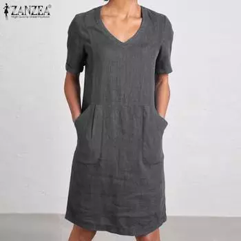 ZANZEA Женское хлопковое повседневное свободное летнее платье с v-образным вырезом и короткими рукавами